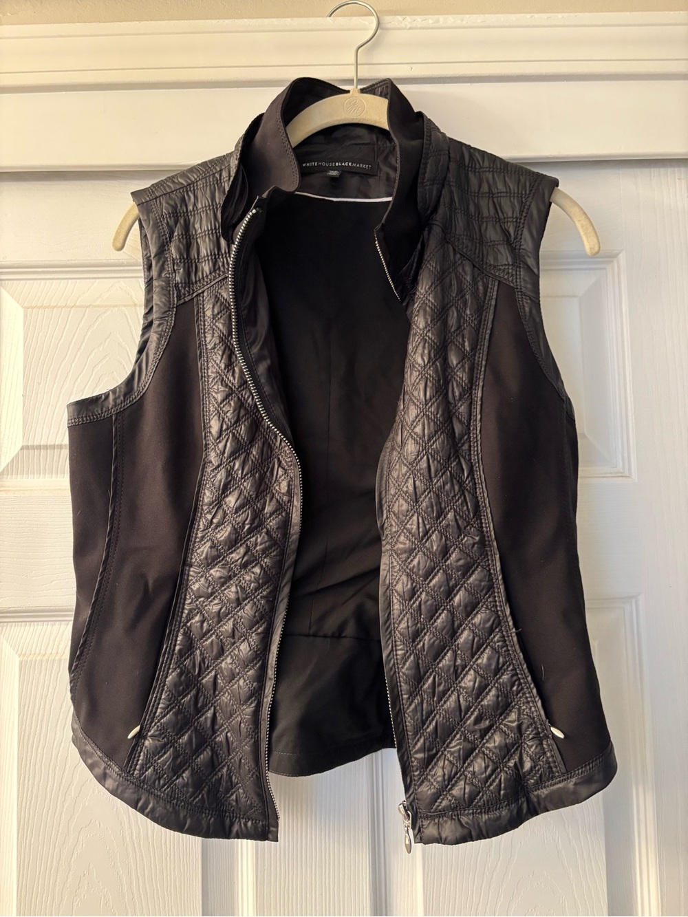 White House Black Market Black Quilted Leather-Trim Vest